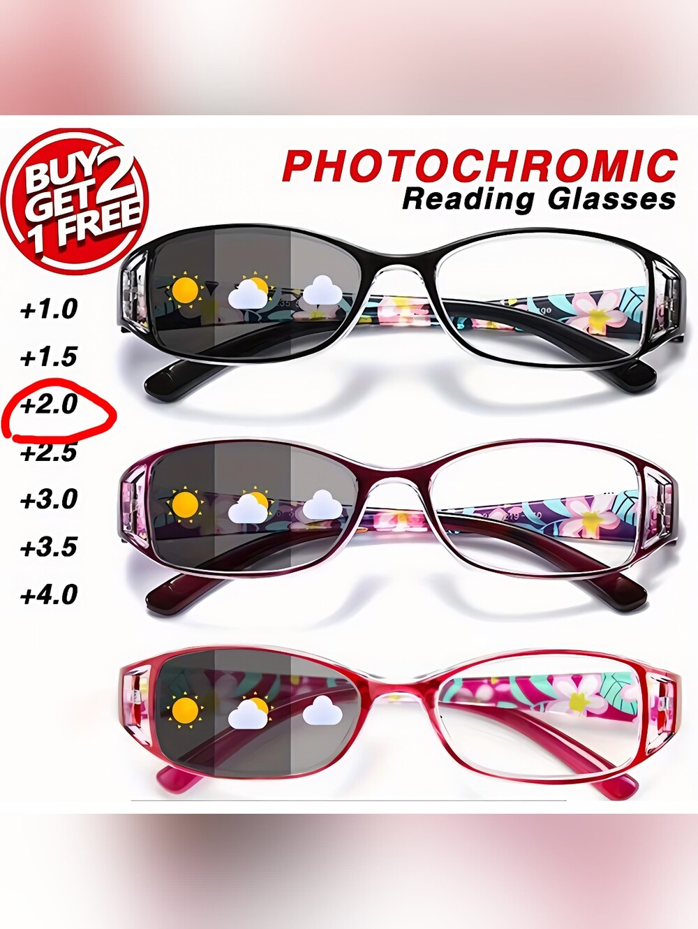 Ladies photochromic reading glasses, Set of 3! +2.0...$4.99 shipping!